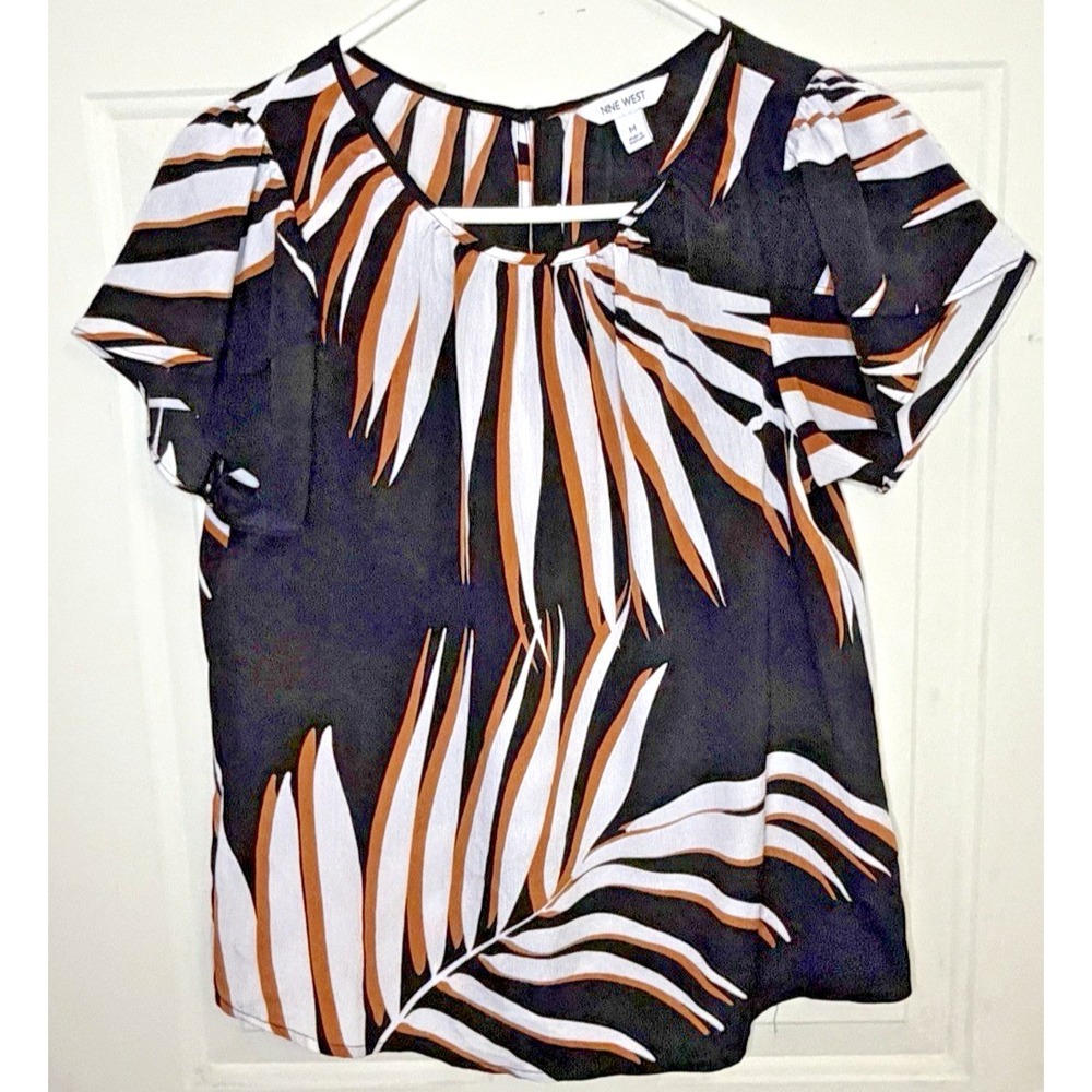 Nine West  Women's Top Medium Palm Print Tropical Black White Rust Short Sleeve